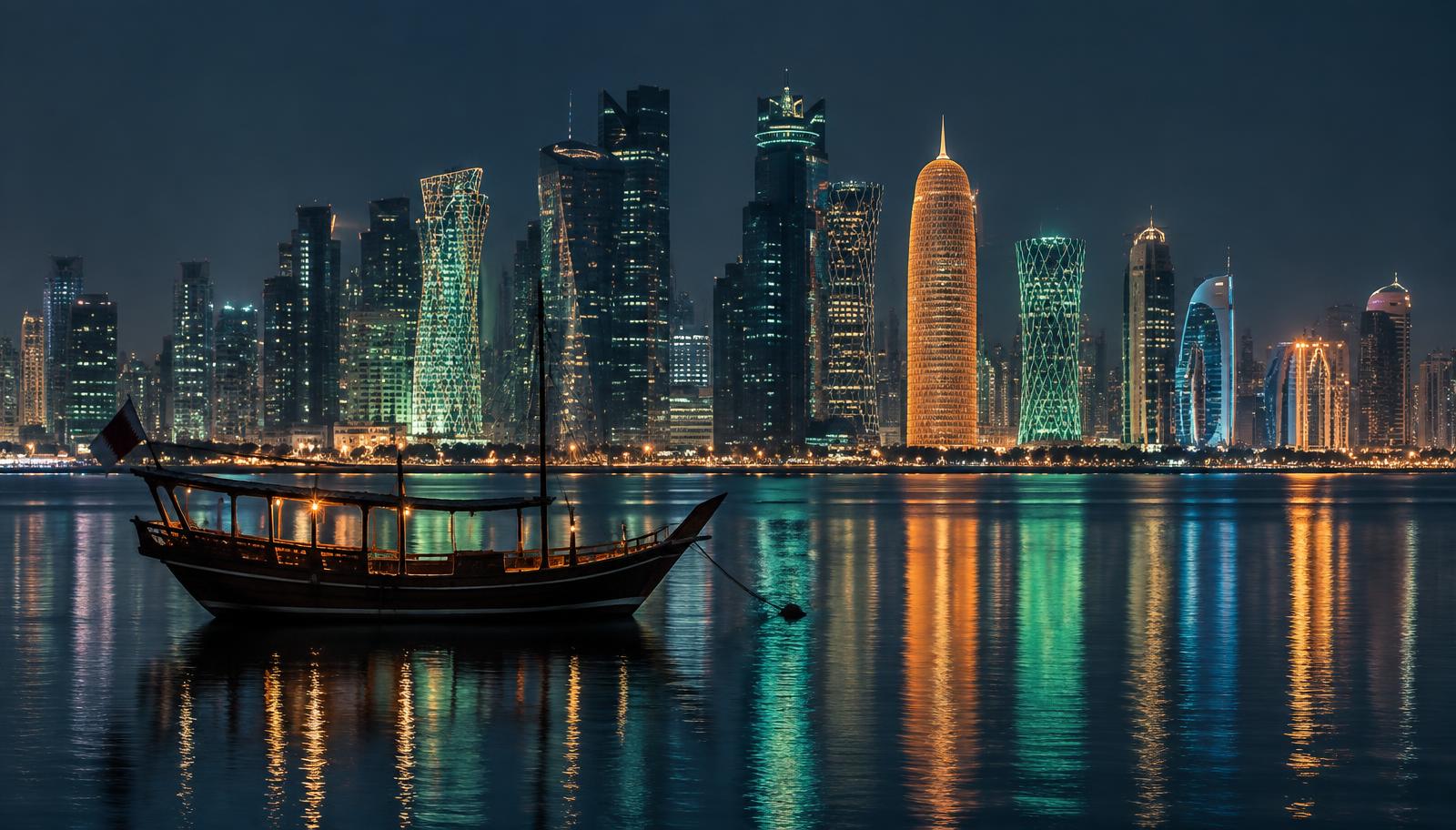 Doha skyline at night across the water, with a traditional dhow in the foreground
